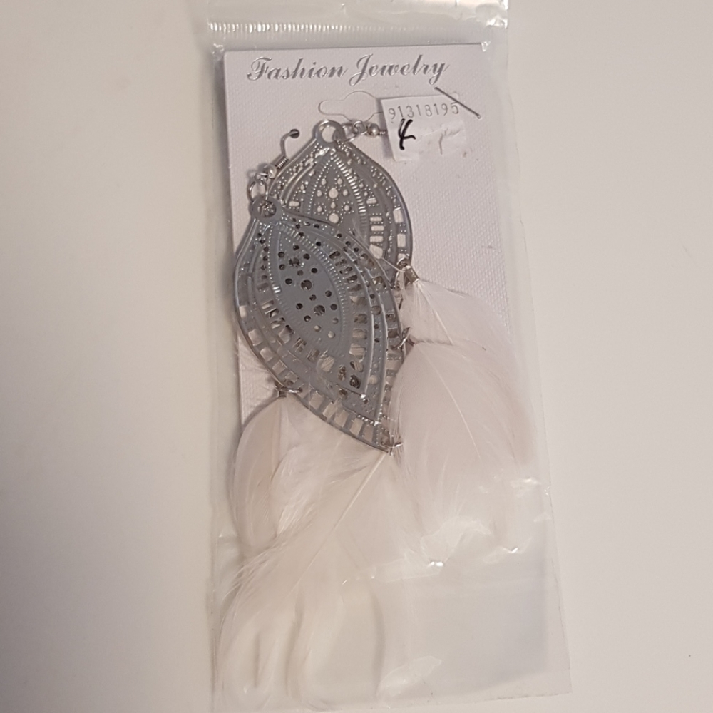 Silver and white feather earrings